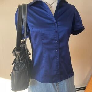 Vintage style deep blue button up blouse